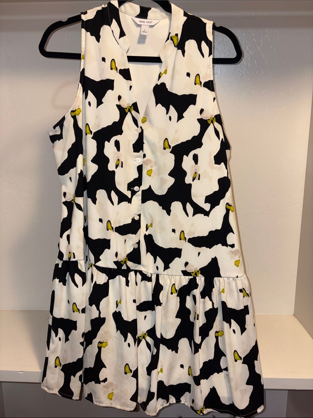 Nine West Black, White & Yellow Floral Tiered Midi Dress